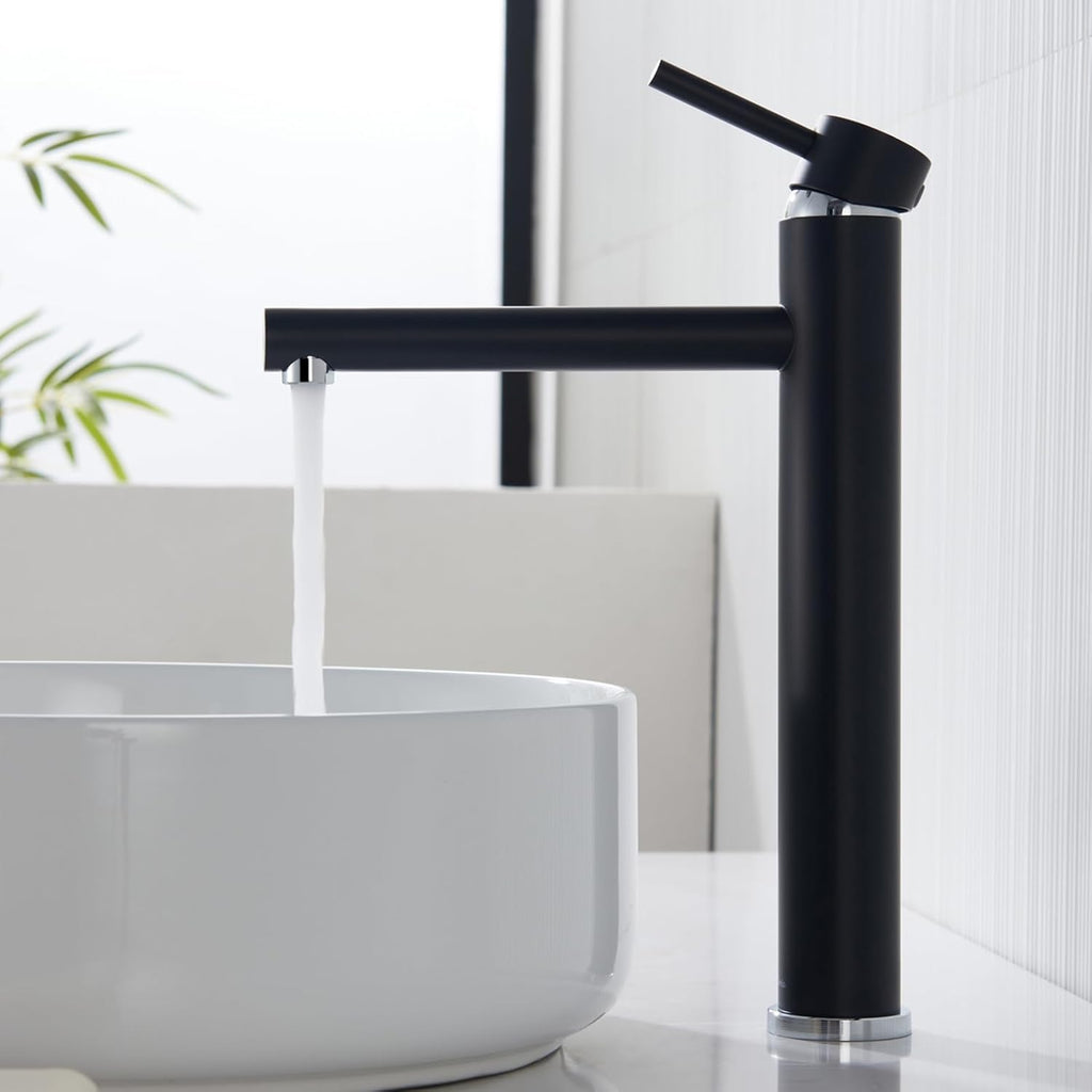 High Black Bathroom Tap, kelleria Single Lever Mixer Tap for Washbasin, Basin Tap with Spout Height 225 mm, Stainless Steel Basin Taps