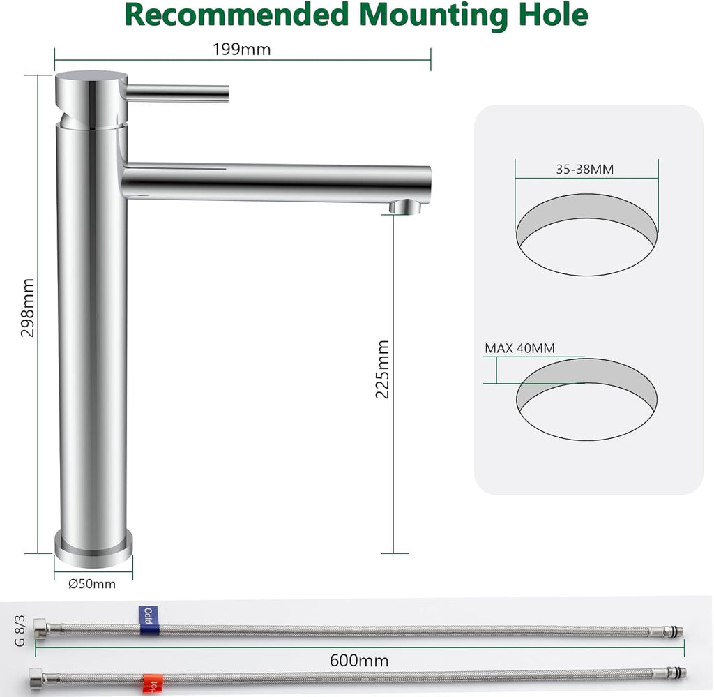 High Chrome Bathroom Tap, Single Lever Mixer Tap for Washbasin, Basin Tap with Spout Height 225 mm, Stainless Steel Basin Taps