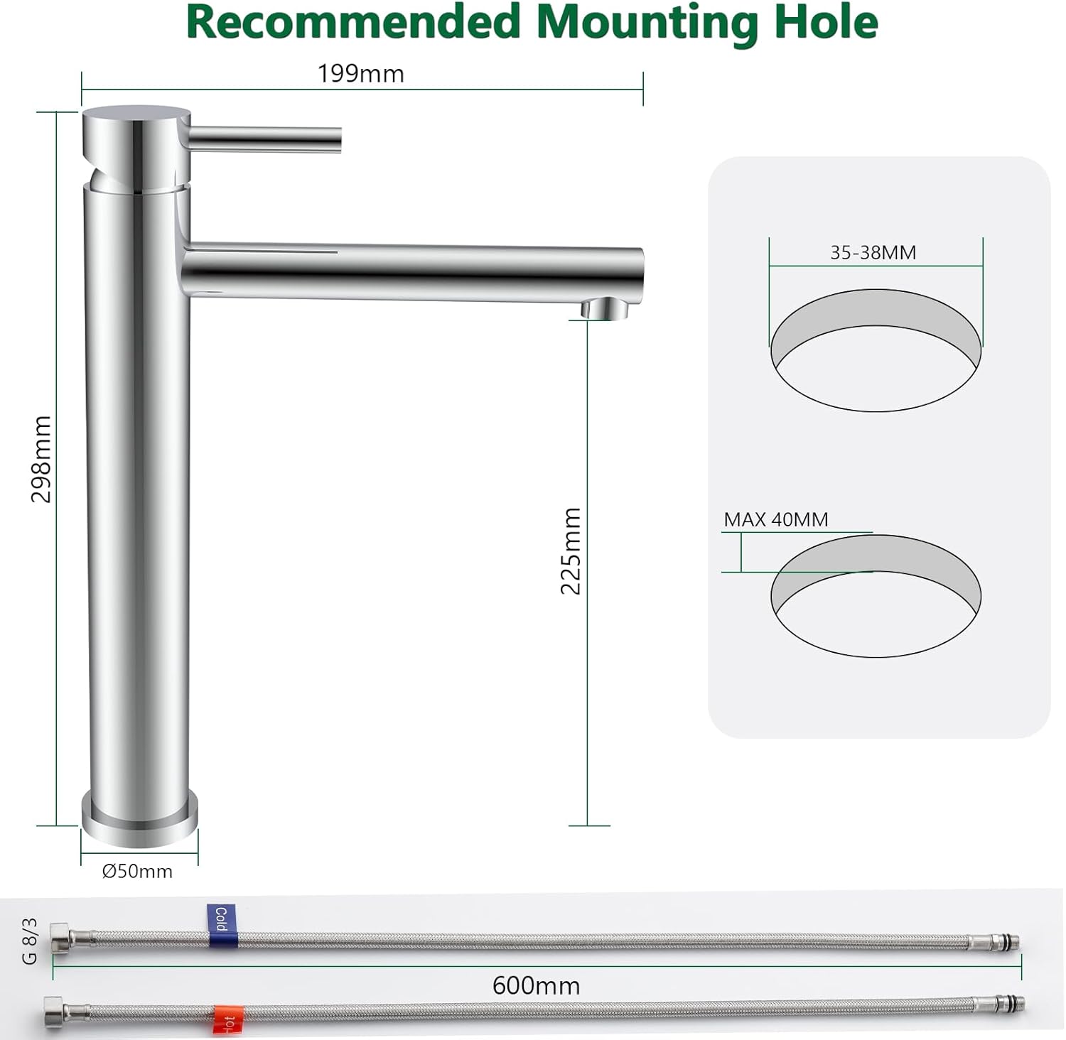 High Chrome Bathroom Tap, Single Lever Mixer Tap for Washbasin, Basin Tap with Spout Height 225 mm, Stainless Steel Basin Taps