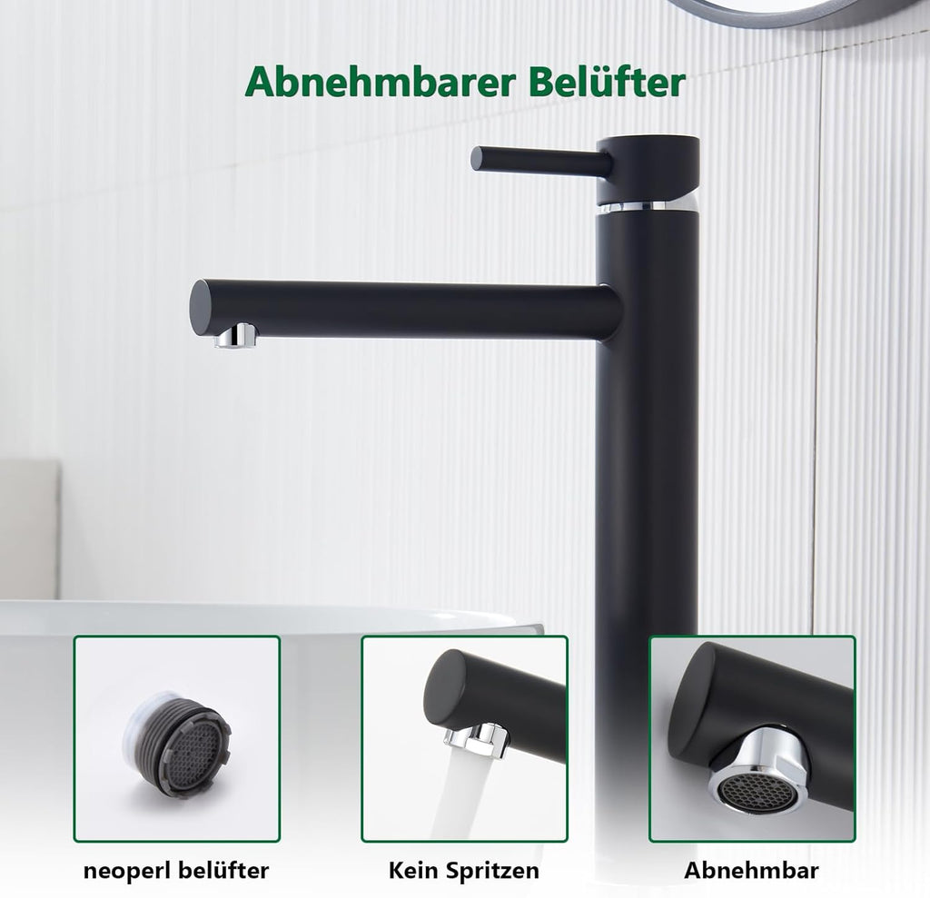High Black Bathroom Tap, kelleria Single Lever Mixer Tap for Washbasin, Basin Tap with Spout Height 225 mm, Stainless Steel Basin Taps