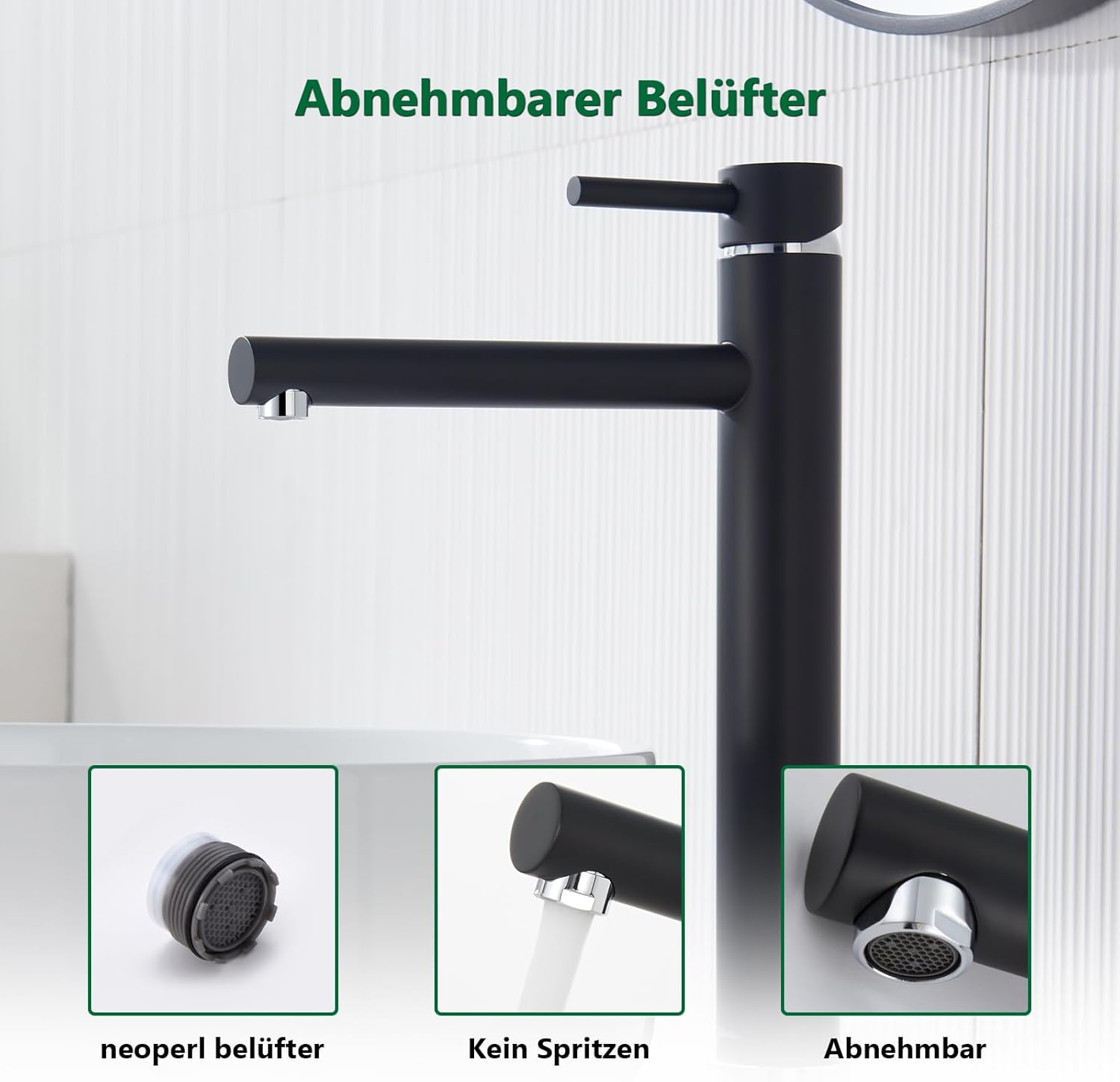 High Black Bathroom Tap, kelleria Single Lever Mixer Tap for Washbasin, Basin Tap with Spout Height 225 mm, Stainless Steel Basin Taps