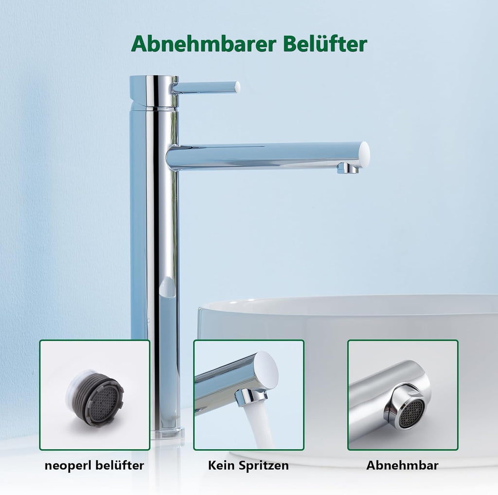 High Chrome Bathroom Tap, Single Lever Mixer Tap for Washbasin, Basin Tap with Spout Height 225 mm, Stainless Steel Basin Taps