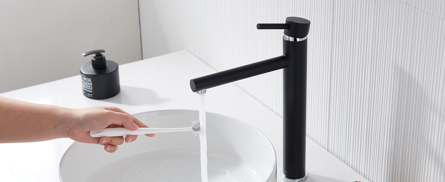High Black Bathroom Tap, kelleria Single Lever Mixer Tap for Washbasin, Basin Tap with Spout Height 225 mm, Stainless Steel Basin Taps