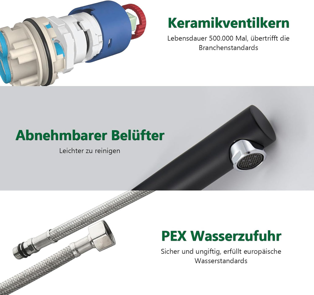 High Black Bathroom Tap, kelleria Single Lever Mixer Tap for Washbasin, Basin Tap with Spout Height 225 mm, Stainless Steel Basin Taps